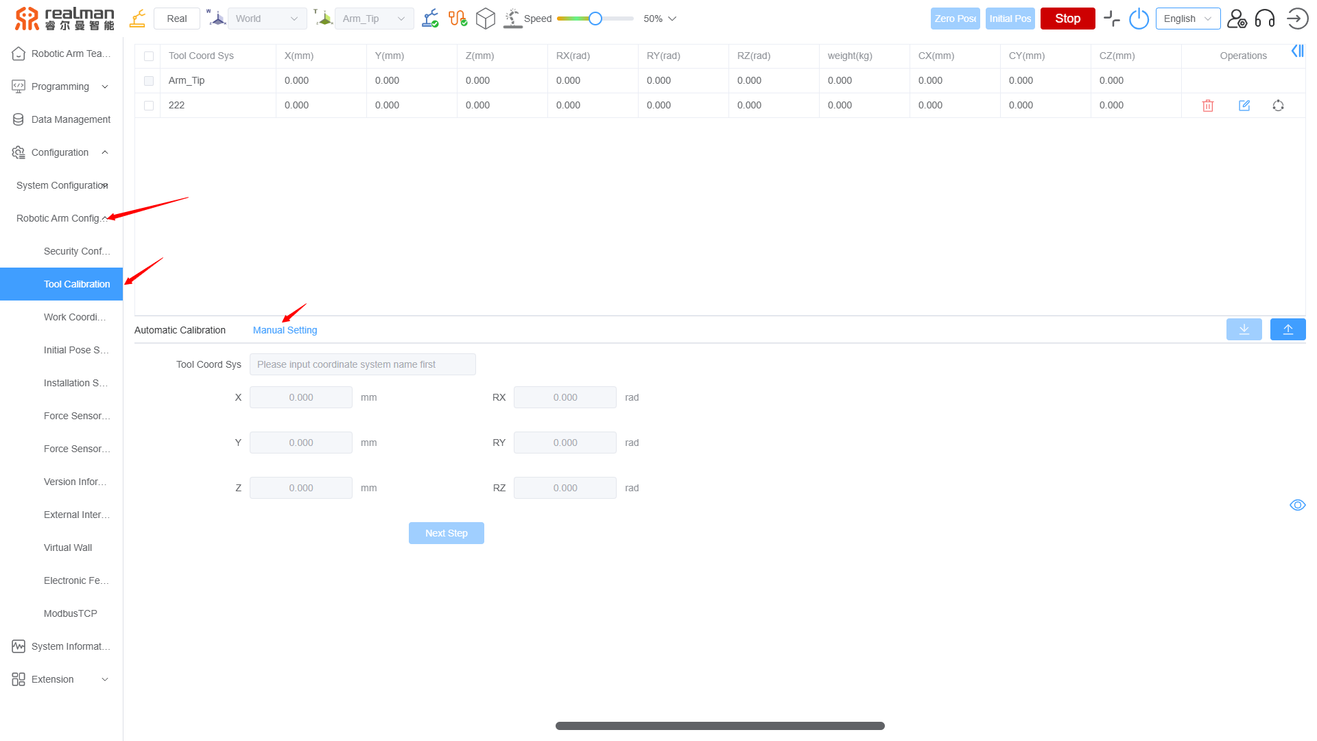 Manual calibration of the tool coordinate system
