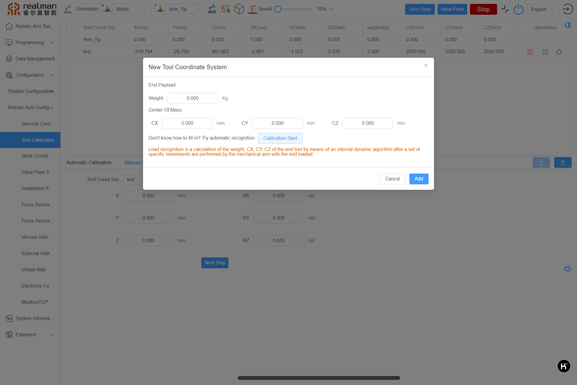 End effector payload setting