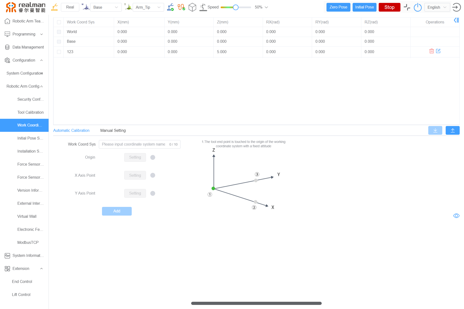 Diagram of Work Coordinate System Calibration interface