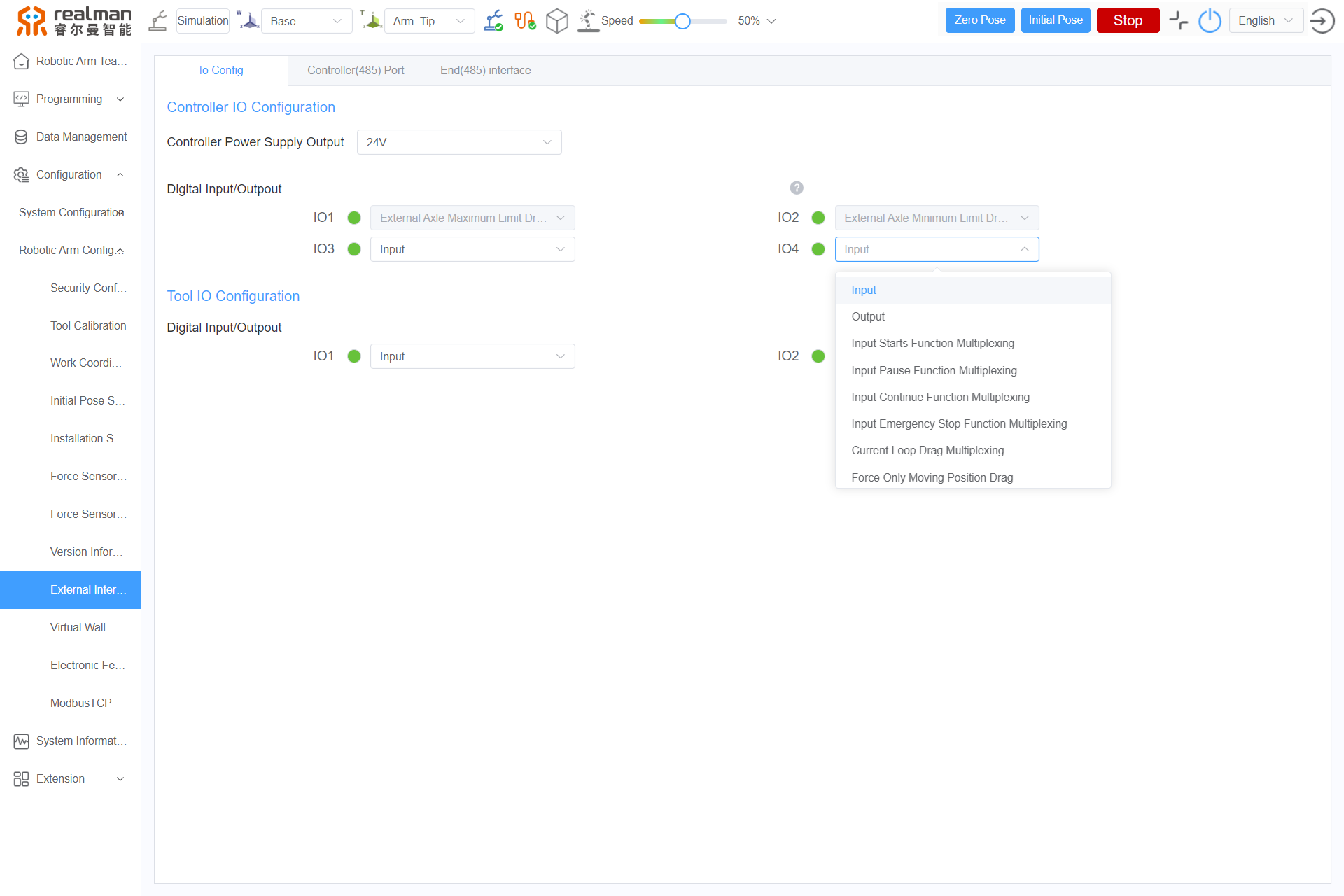 Controller I/O Configuration interface