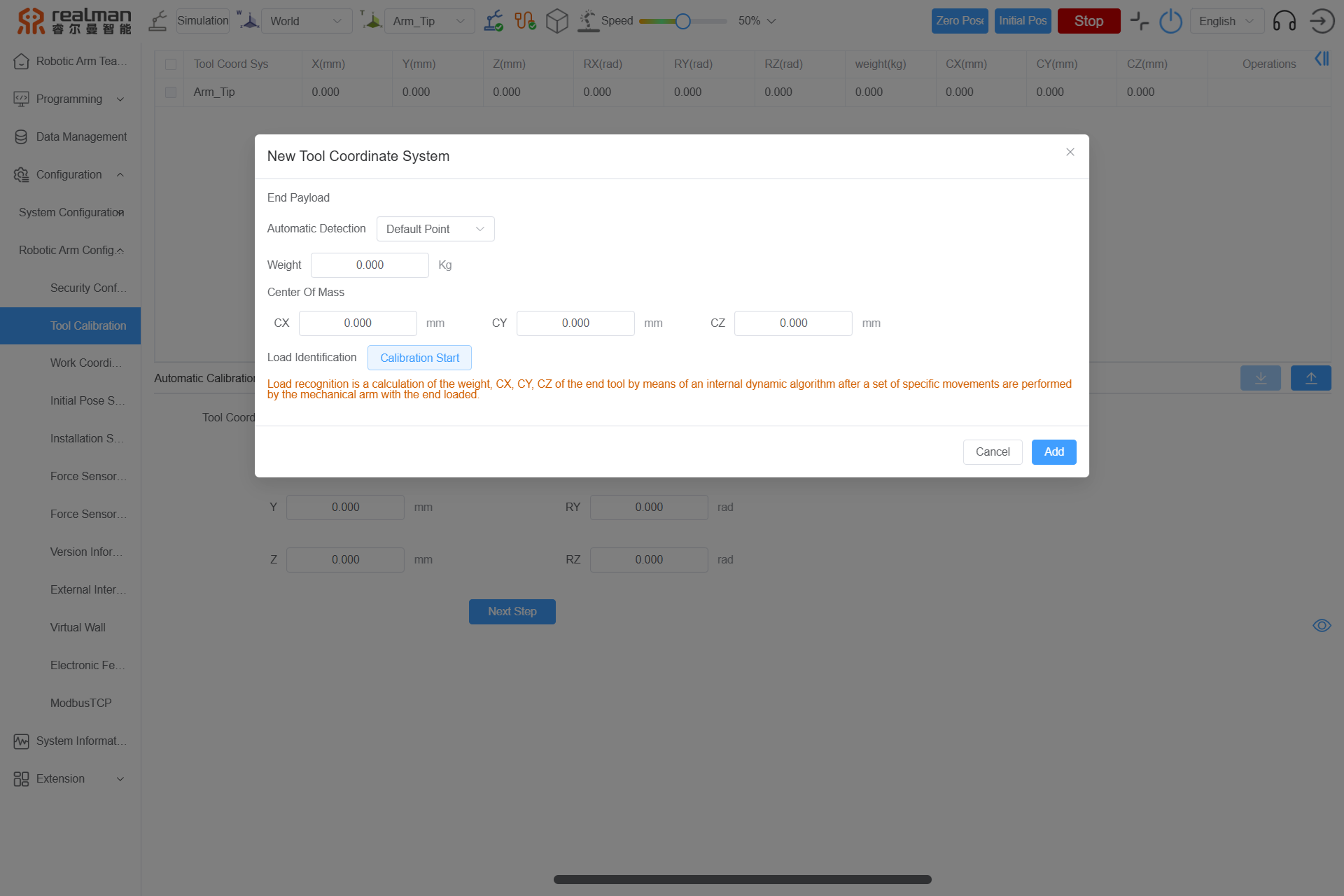 End effector payload setting
